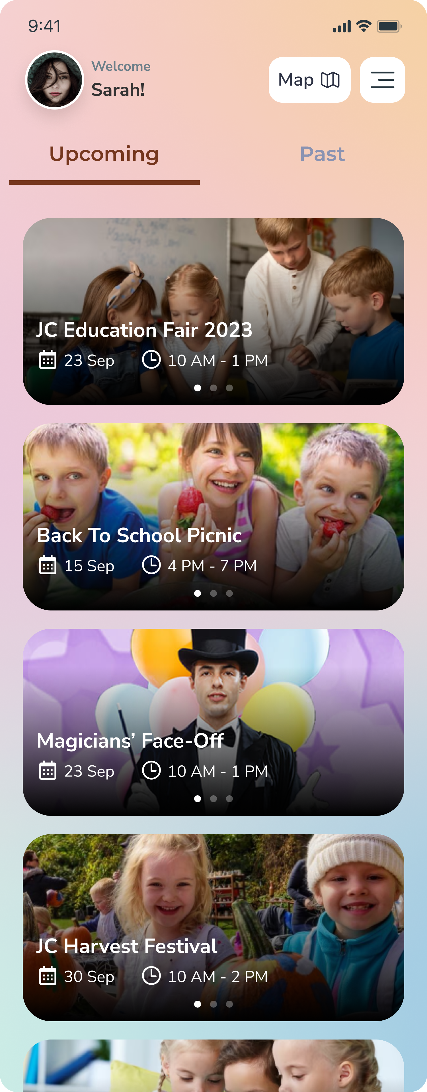 KidZoo Events - Home Screen with Upcoming Events